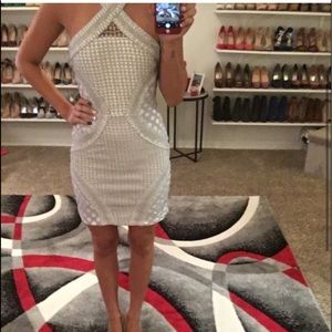 Tobi SHOW SOME SKIN LACE BODYCON DRESS Silver Grey Crochet Halter Cut Out XS